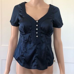 Delicia Navy Blue Satiny Velvet Short Sleeves V Neck Blouse Top Medium Small